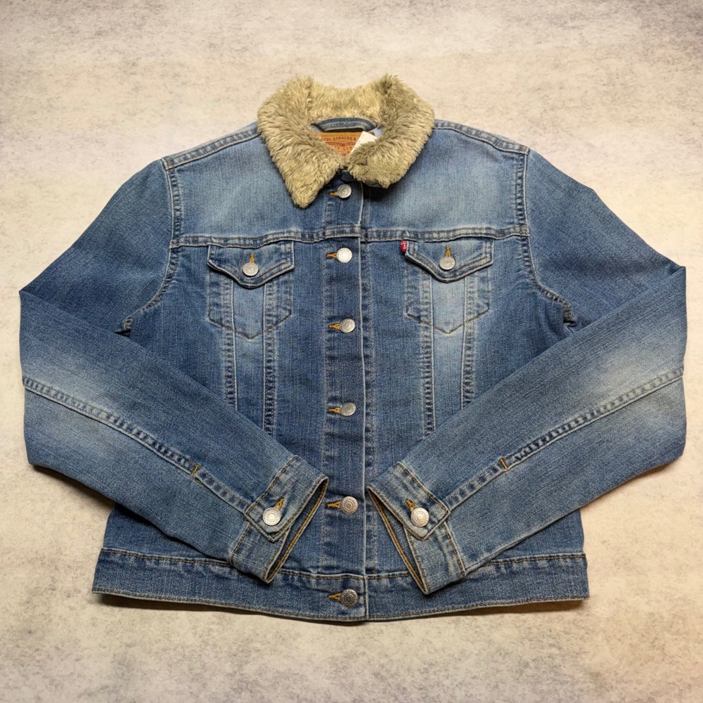 VTG Levis Faux Fur Collar Trucker Womens Medium Blue Denim Sherpa Lined Jacket